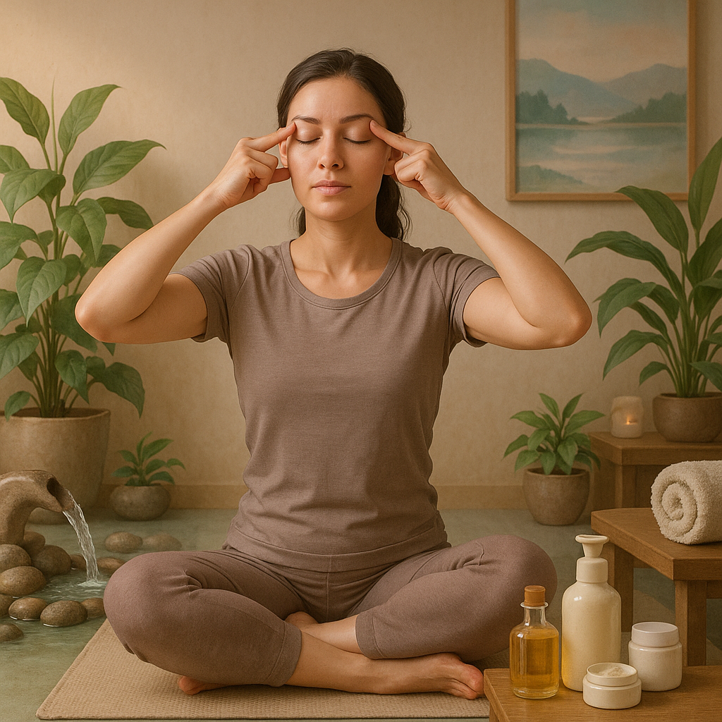 A serene spa setting with a woman in neutral color clothing performing face yoga exercises