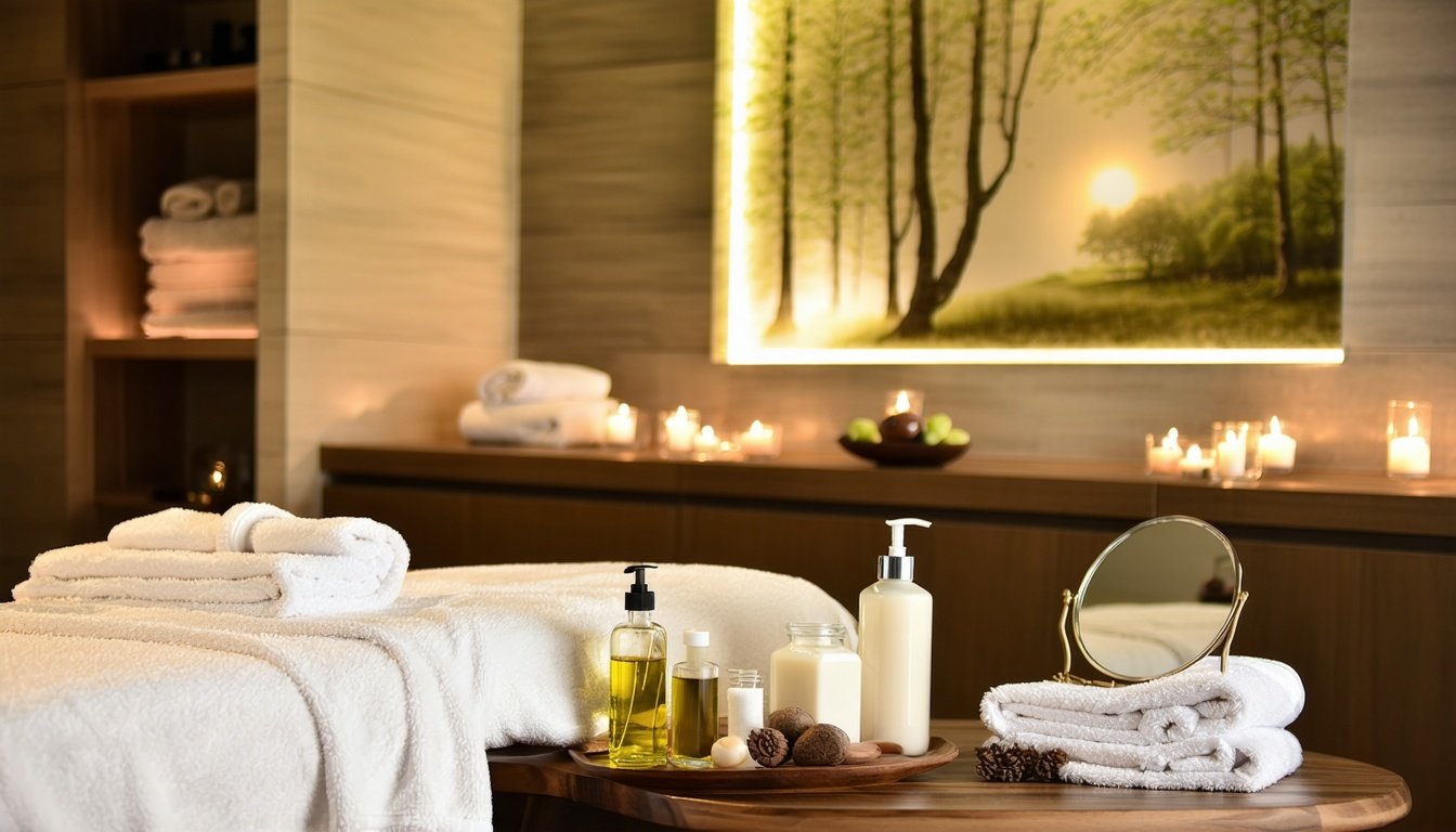 A serene spa setting with soft, ambient lighting. In the foreground, a tranquil treatment room features a comfortable massage table draped with a plus